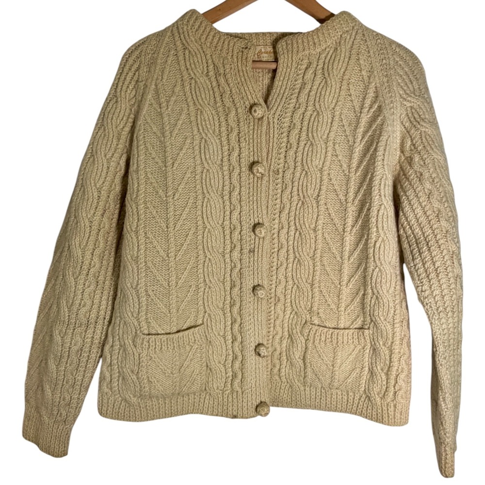 Vintage Corakeel Women's 100% Wool Hand Knit Cardigan Sweater Ireland Beige Med